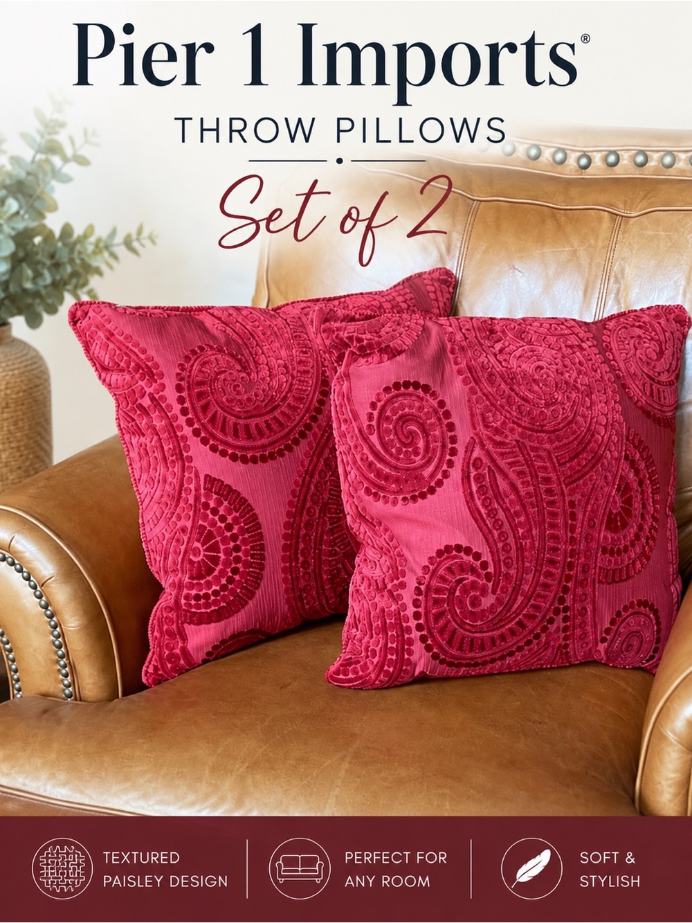 Pier 1 Imports Set of 2 Red Textured Paisley Throw Pillows